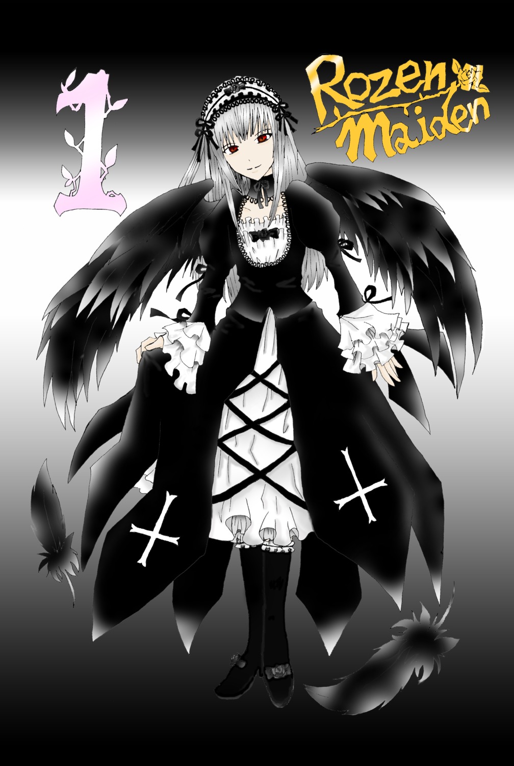 1girl black_dress black_footwear black_wings boots dress feathers frills full_body gradient gradient_background hairband image lolita_hairband long_hair long_sleeves looking_at_viewer red_eyes silver_hair solo standing suigintou wings