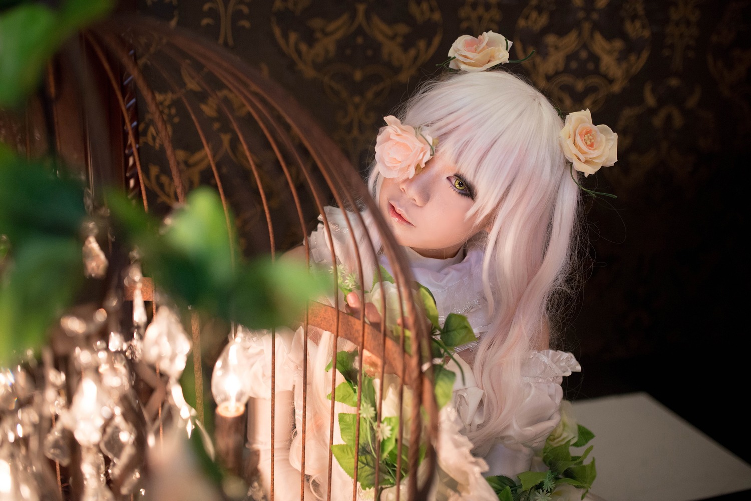 1girl auto_tagged bangs closed_mouth flower frills hair_flower hair_ornament kirakishou lips long_hair looking_at_viewer rose solo thorns upper_body white_flower white_hair white_rose yellow_eyes