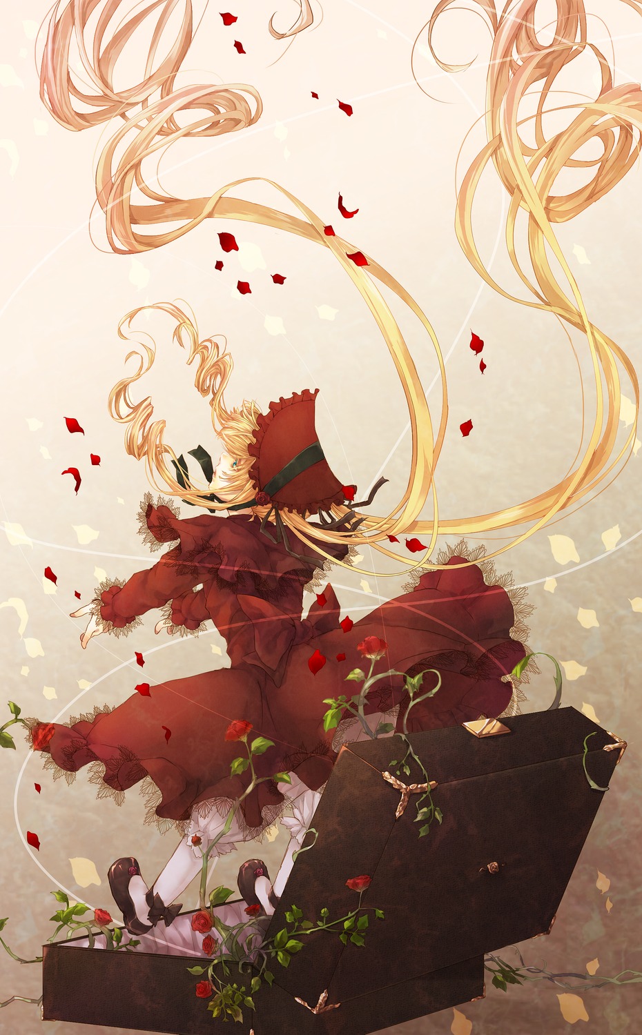 1girl blonde_hair dress flower hat image long_hair petals red_dress rose rose_petals shinku solo suitcase very_long_hair wind