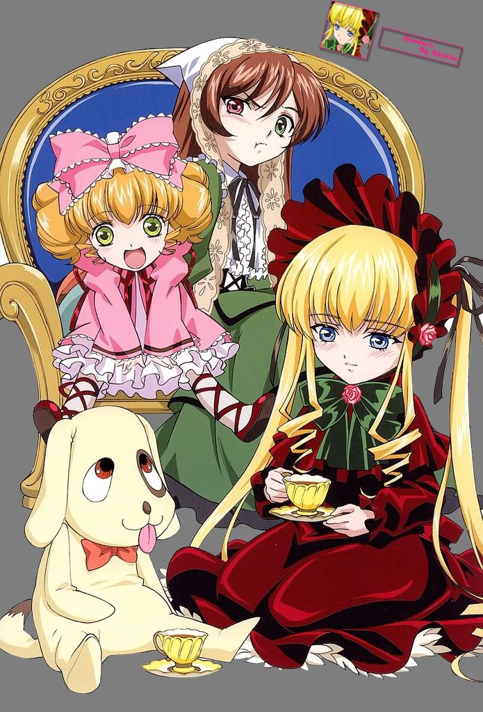3girls :d :t blonde_hair blue_eyes bonnet bow bowtie cup dress drill_hair food green_eyes hair_bow hina_ichigo image long_hair long_sleeves looking_at_viewer multiple multiple_girls open_mouth pink_bow red_eyes shinku sitting suiseiseki tagme teacup twintails