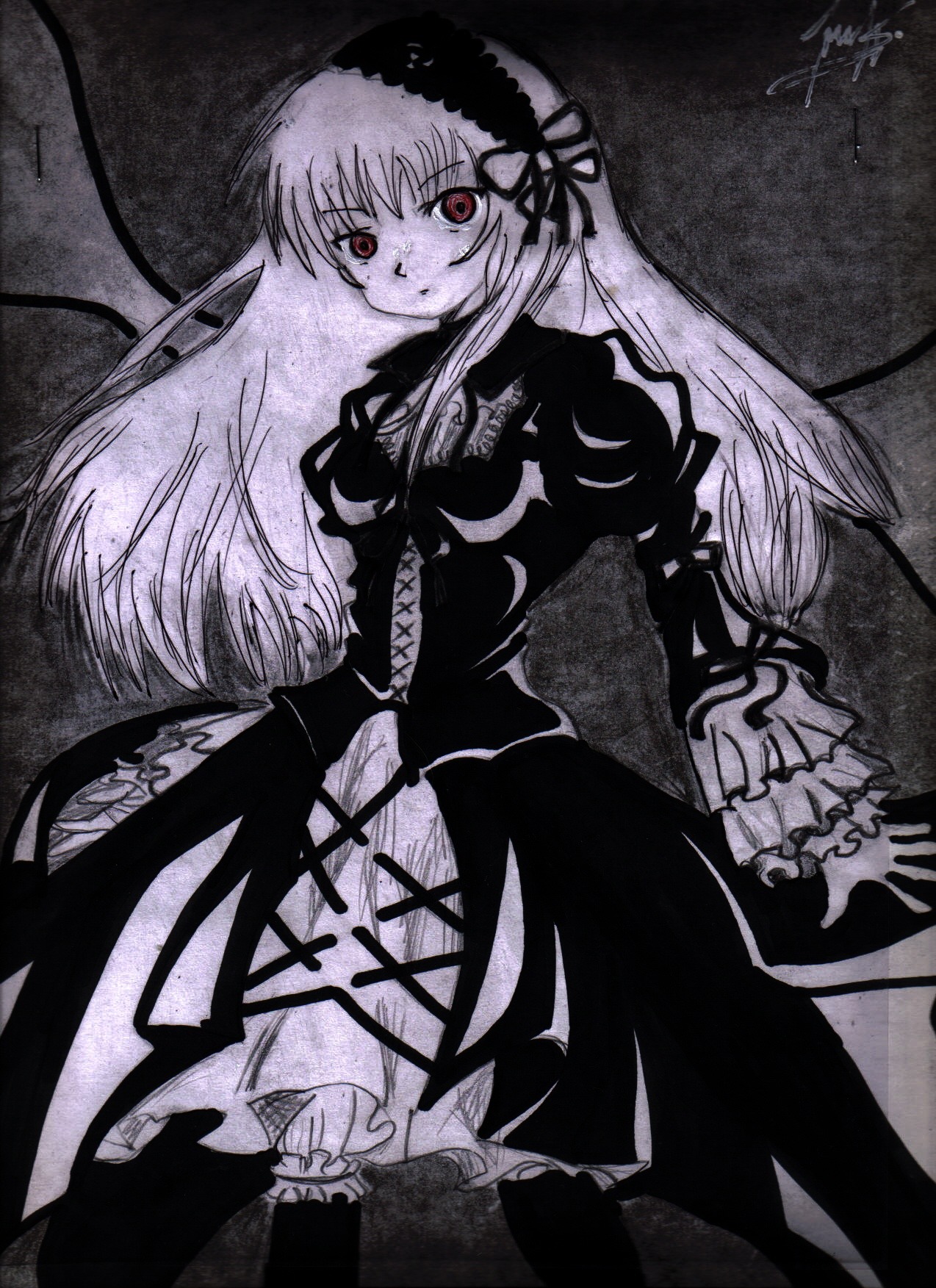 1girl black_dress dress frilled_sleeves frills hairband image juliet_sleeves long_hair long_sleeves looking_at_viewer monochrome puffy_sleeves red_eyes signature solo suigintou traditional_media very_long_hair wings