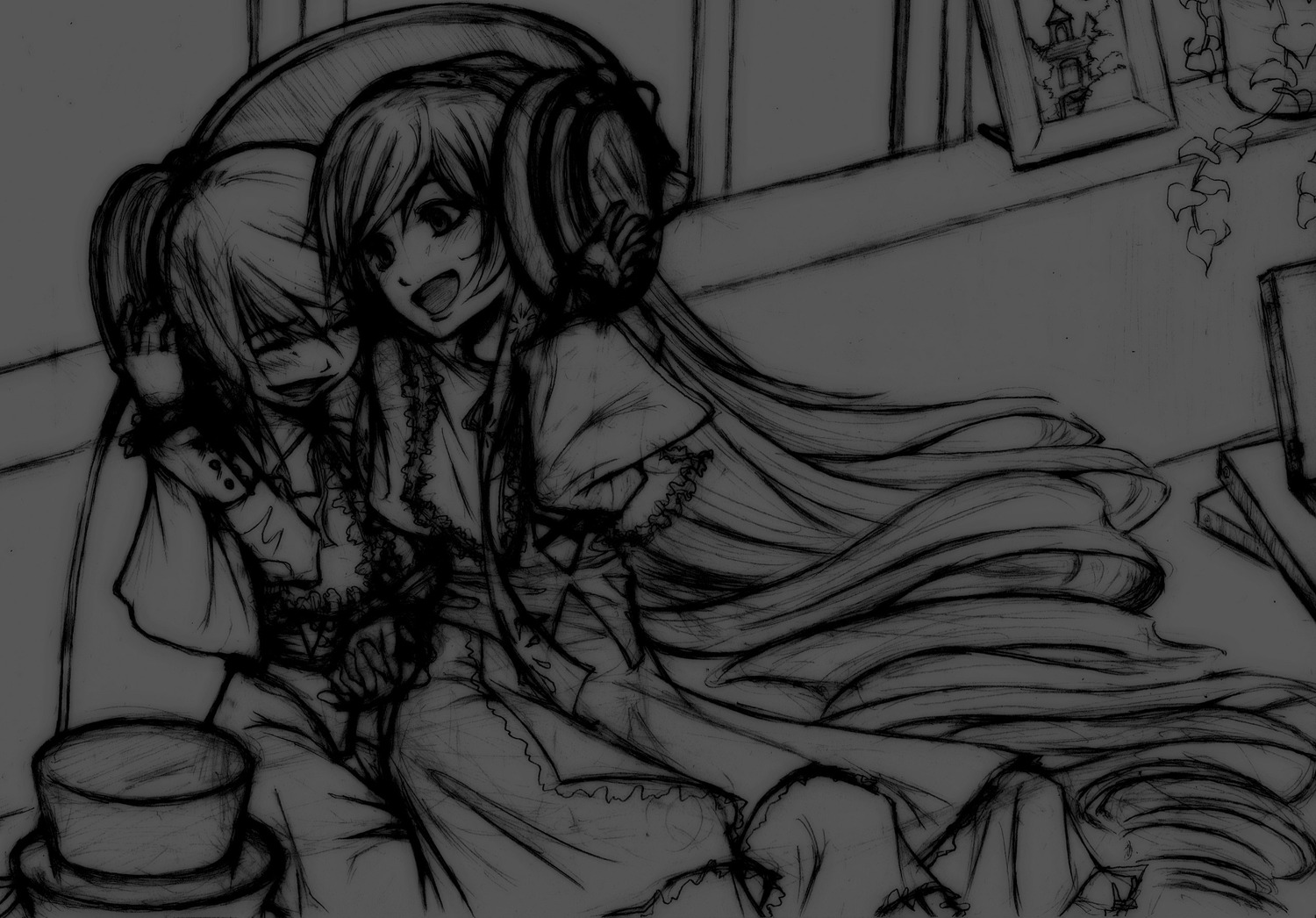 2girls greyscale hatsune_miku image long_hair megurine_luka monochrome multiple_girls open_mouth pair sitting smile souseiseki suiseiseki very_long_hair