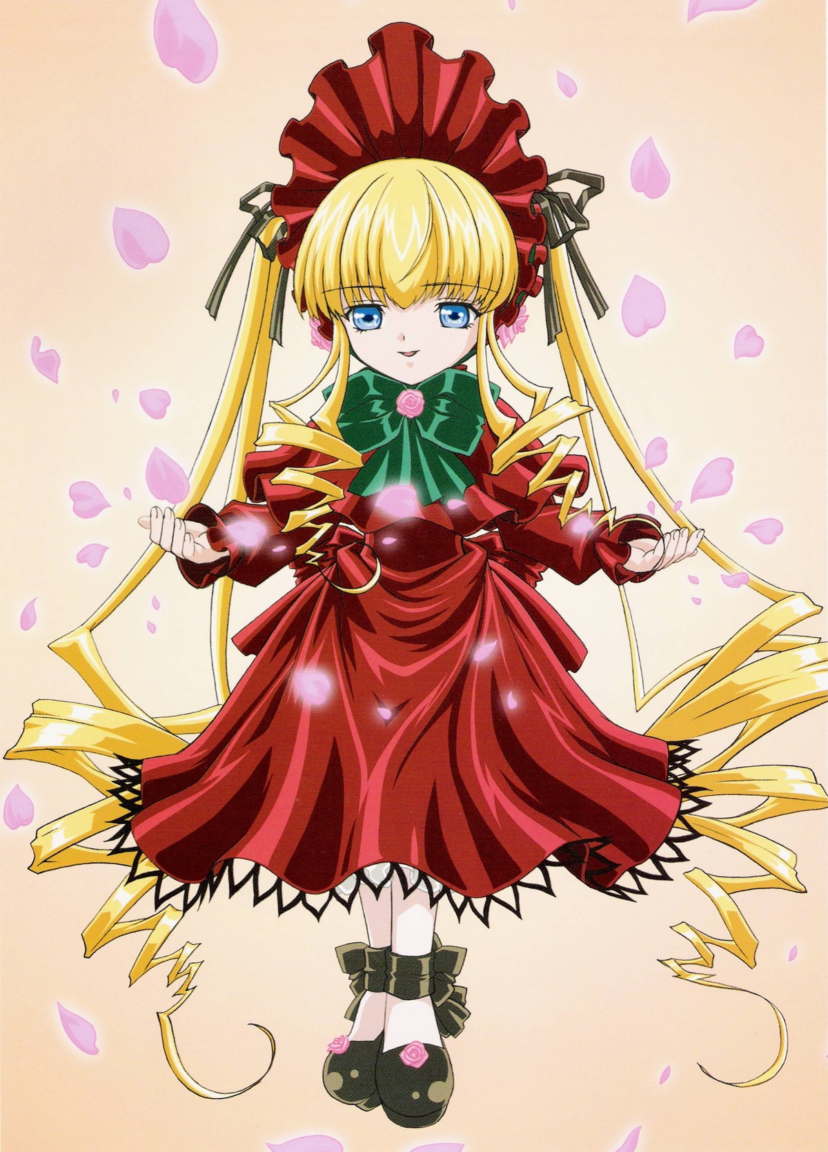 1girl blonde_hair blue_eyes bonnet bow bowtie cherry_blossoms dress flower full_body green_bow image long_hair long_sleeves looking_at_viewer petals red_dress rose_petals shinku solo standing twintails