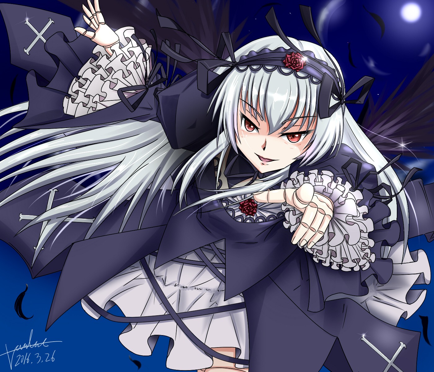 1girl black_wings dress flower frilled_sleeves frills full_moon hairband image long_hair long_sleeves looking_at_viewer moon night red_eyes ribbon rose signature silver_hair smile solo suigintou wings