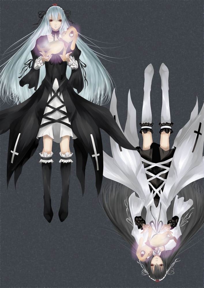 1girl boots breasts doll dress hairband image knee_boots long_hair multiple_views red_eyes ribbon silver_hair solo stuffed_animal suigintou very_long_hair wings