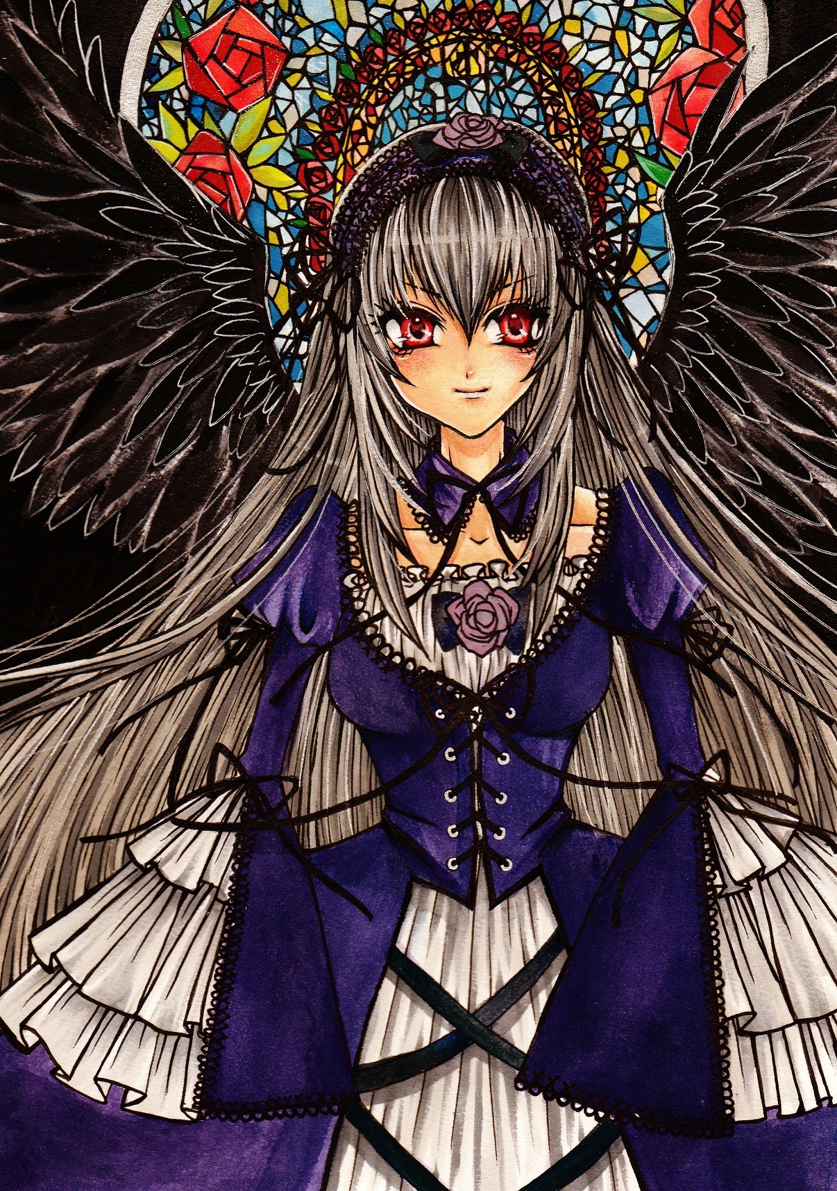 1girl black_wings dress flower frills image long_hair looking_at_viewer red_eyes rose smile solo suigintou very_long_hair wings