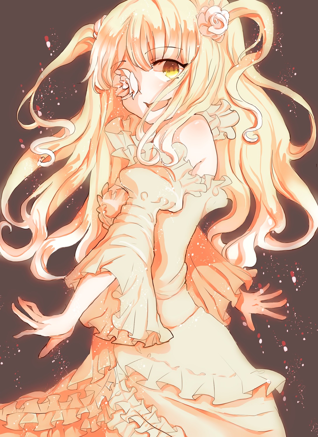 1girl blonde_hair brown_background dress flower frilled_dress frills hair_flower hair_ornament image kirakishou long_hair long_sleeves looking_at_viewer smile solo two_side_up very_long_hair yellow_eyes