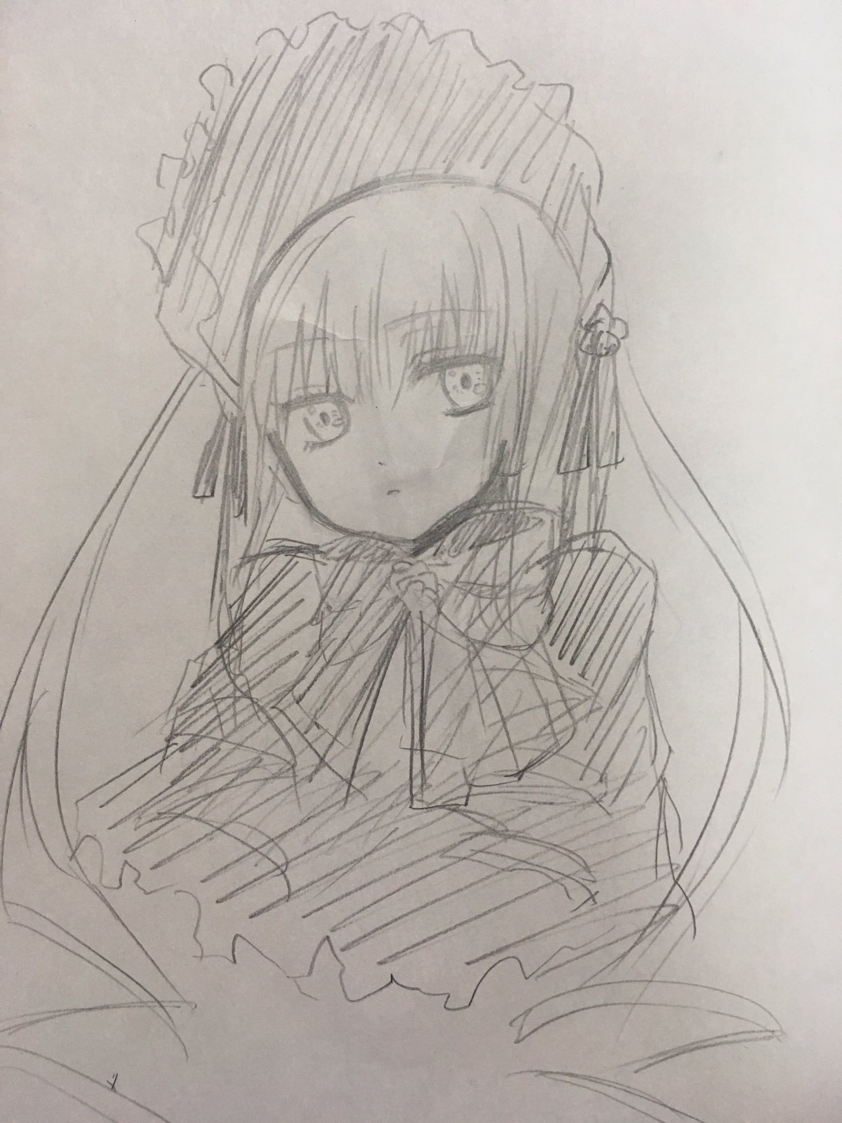 1girl bowtie capelet dress eyebrows_visible_through_hair image long_hair long_sleeves looking_at_viewer monochrome ribbon shinku simple_background sketch solo upper_body white_background