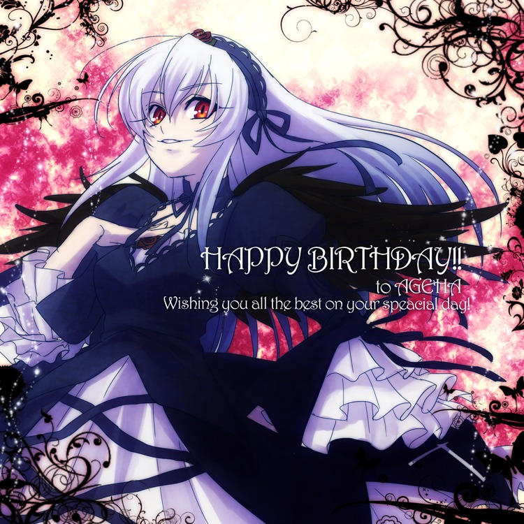 1girl dress flower frilled_sleeves frills hairband image long_hair long_sleeves looking_at_viewer red_eyes silver_hair smile solo suigintou wings