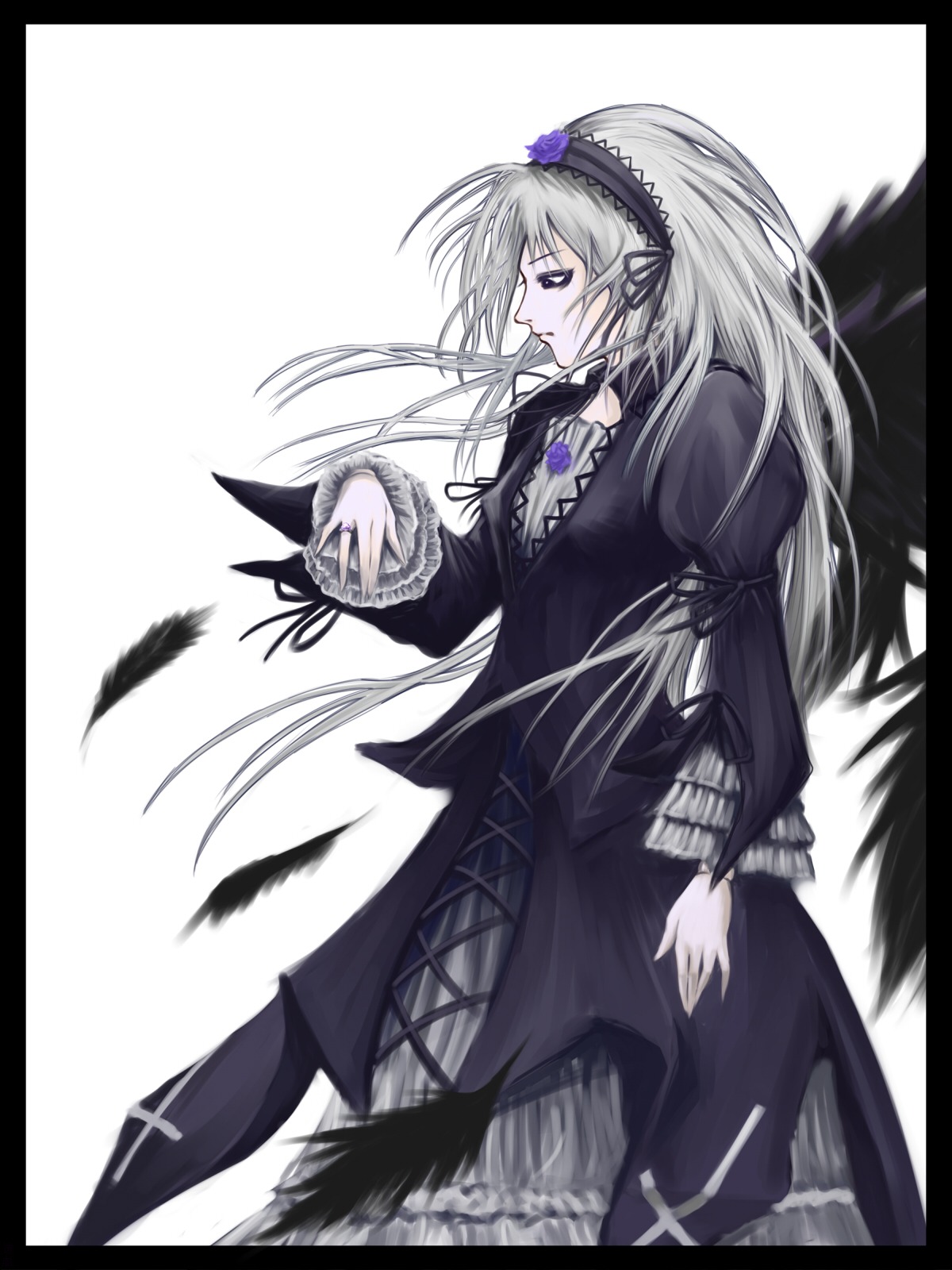 1girl black_border black_dress black_feathers black_wings dress feathers flower frills hairband image letterboxed long_hair long_sleeves pillarboxed profile puffy_sleeves ribbon silver_hair solo suigintou very_long_hair white_background wings