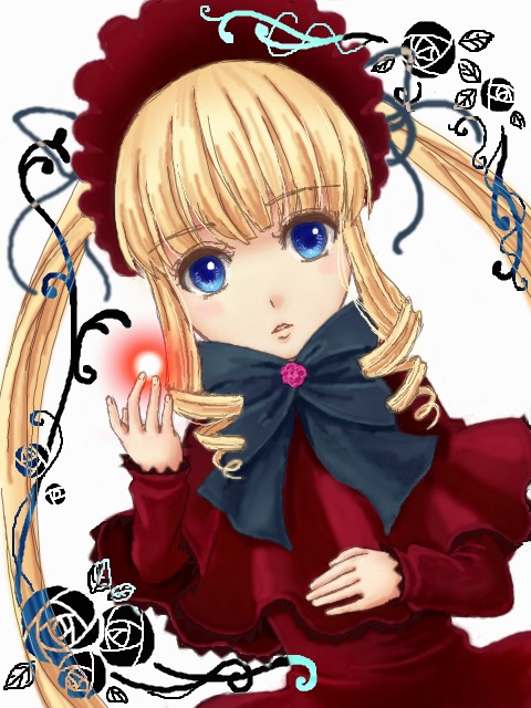 1girl bangs blonde_hair blue_eyes bonnet bow bowtie dress drill_hair flower image long_hair long_sleeves looking_at_viewer red_dress rose shinku sidelocks simple_background solo twin_drills twintails upper_body