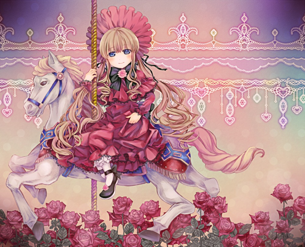 1girl blonde_hair blue_eyes bow dress flower image long_hair pink_flower pink_rose purple_rose red_dress red_flower red_rose rose rose_petals shinku solo thorns very_long_hair