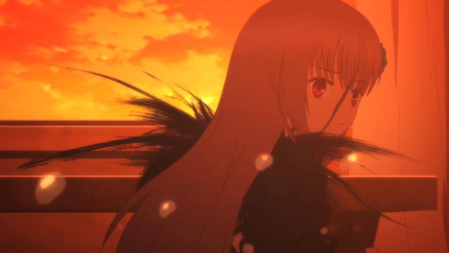 1girl bangs cloud evening image long_hair looking_at_viewer orange_sky red_eyes red_sky red_theme sky solo suigintou sunset upper_body