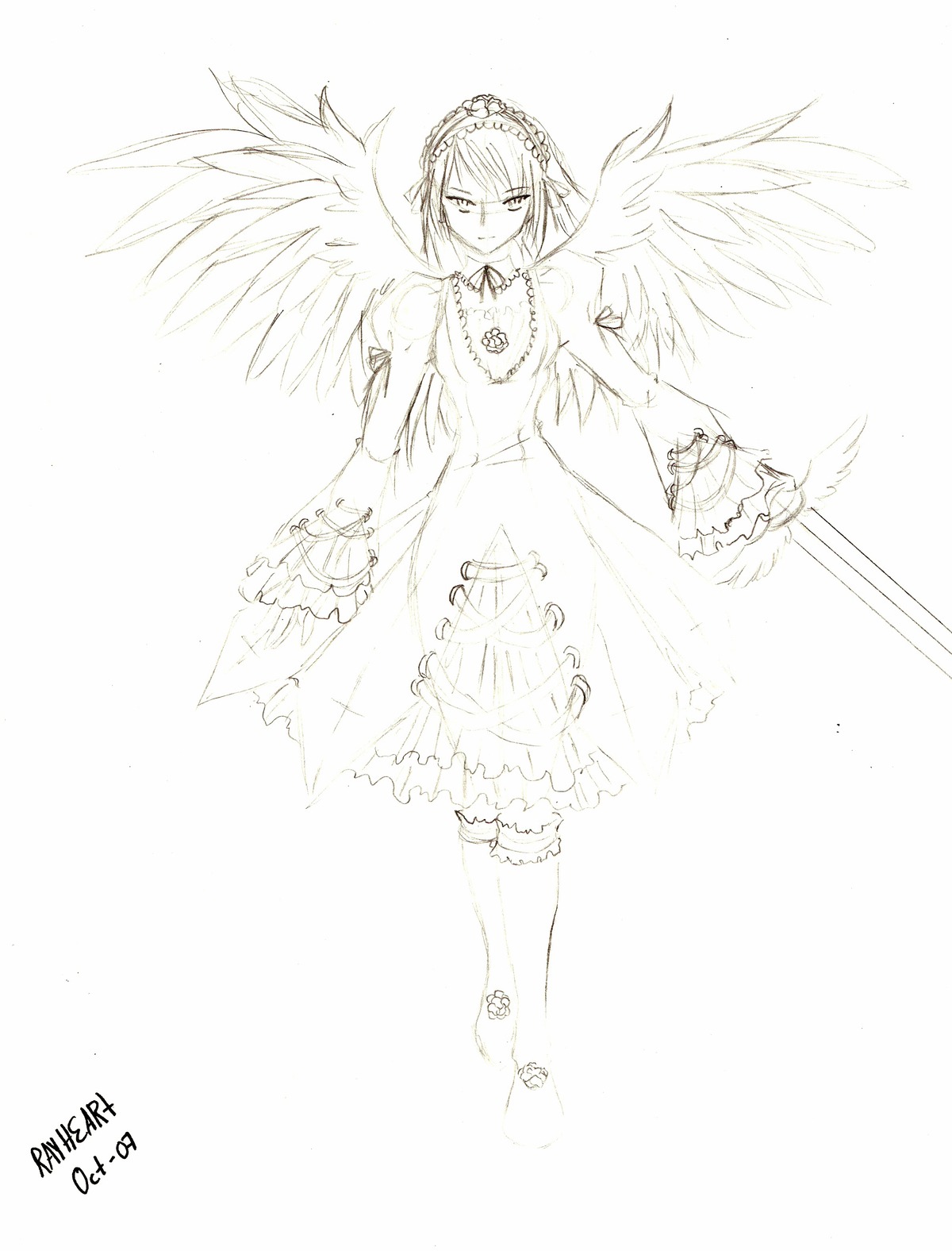 1girl angel_wings bangs closed_mouth dated dress eyebrows_visible_through_hair feathered_wings feathers frills full_body greyscale image long_sleeves looking_at_viewer monochrome short_hair sleeves_past_wrists solo standing striped suigintou wings