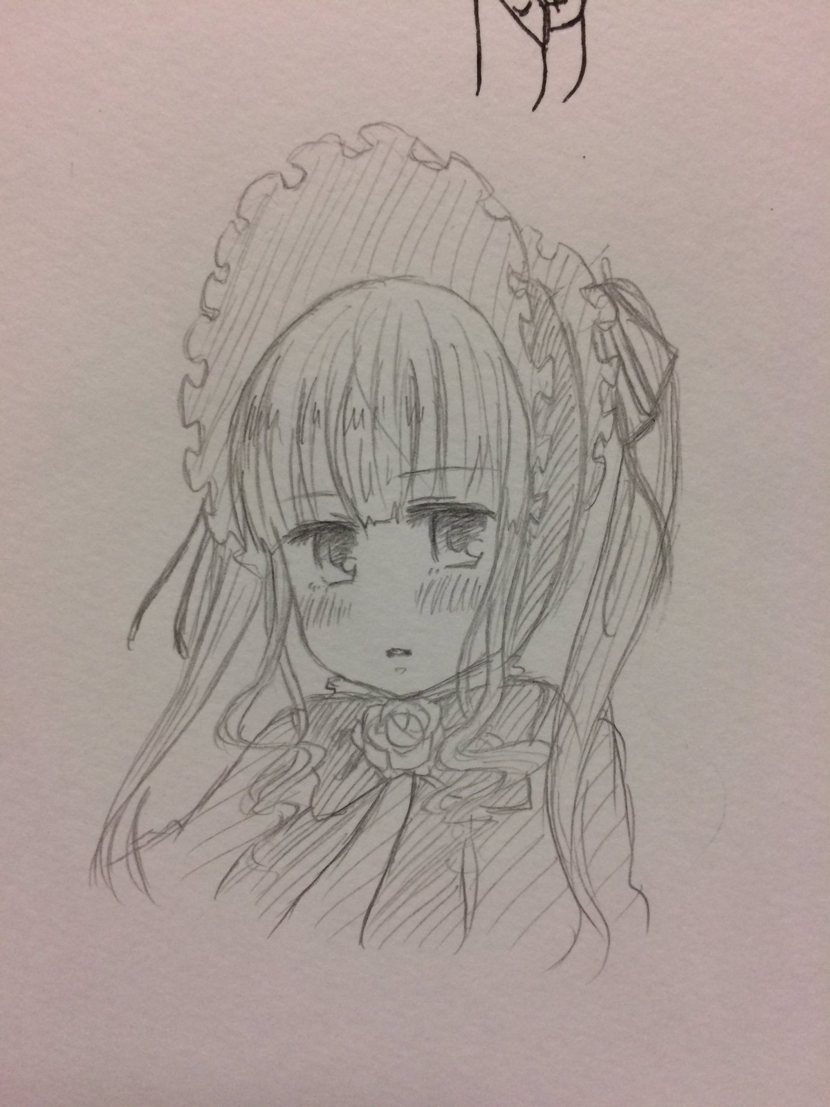 1girl bangs blush bonnet eyebrows_visible_through_hair flower image long_hair looking_at_viewer monochrome open_mouth photo shinku simple_background sketch solo traditional_media