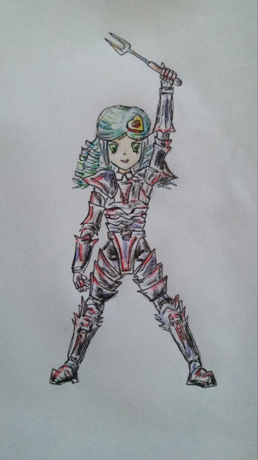 1girl armor full_body green_eyes green_hair helmet image kanaria shoulder_armor solo standing traditional_media weapon
