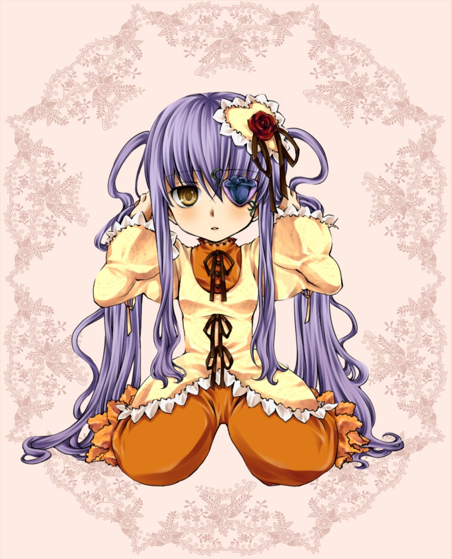 1girl bow costume_switch dress eyepatch flower frills full_body hair_ornament image long_hair long_sleeves looking_at_viewer purple_hair rose sitting solo twintails very_long_hair yellow_eyes