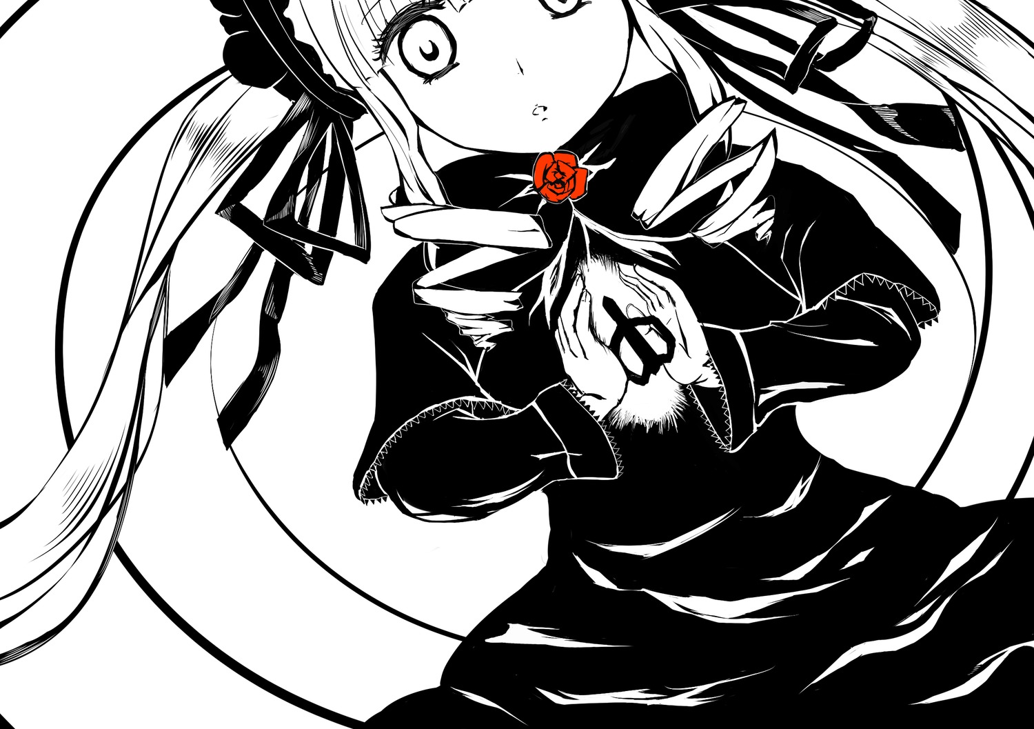 1girl dress flower gothic_lolita greyscale image lolita_fashion long_hair long_sleeves looking_at_viewer monochrome ribbon rose shinku simple_background solo twintails white_background