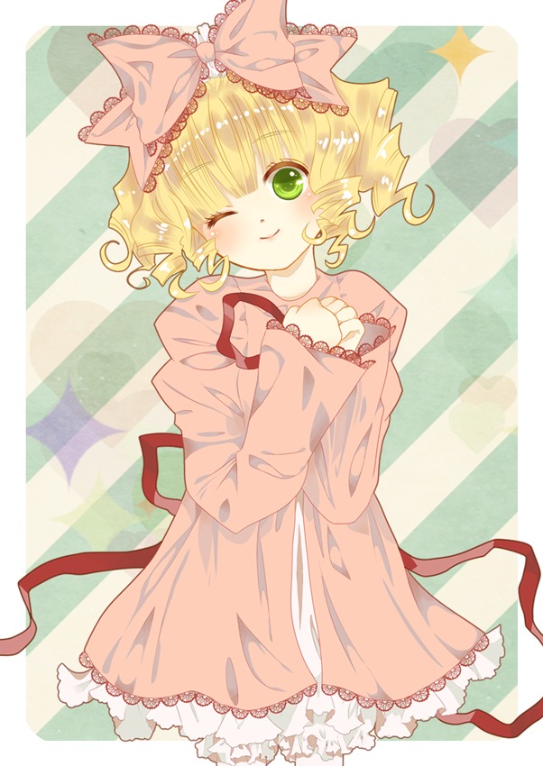 1girl blonde_hair blush bow dress frills green_eyes hair_bow hina_ichigo hinaichigo image long_sleeves one_eye_closed ribbon short_hair smile solo striped striped_background vertical_stripes