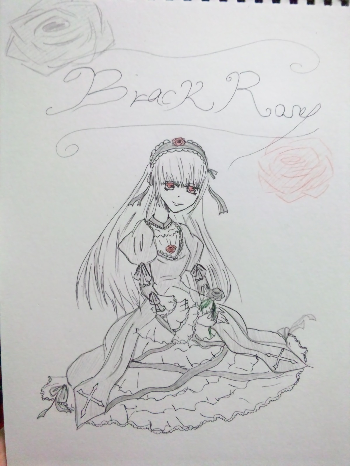 1girl auto_tagged dress flower frills hairband image long_hair long_sleeves looking_at_viewer monochrome possible_duplicate rose solo suigintou traditional_media