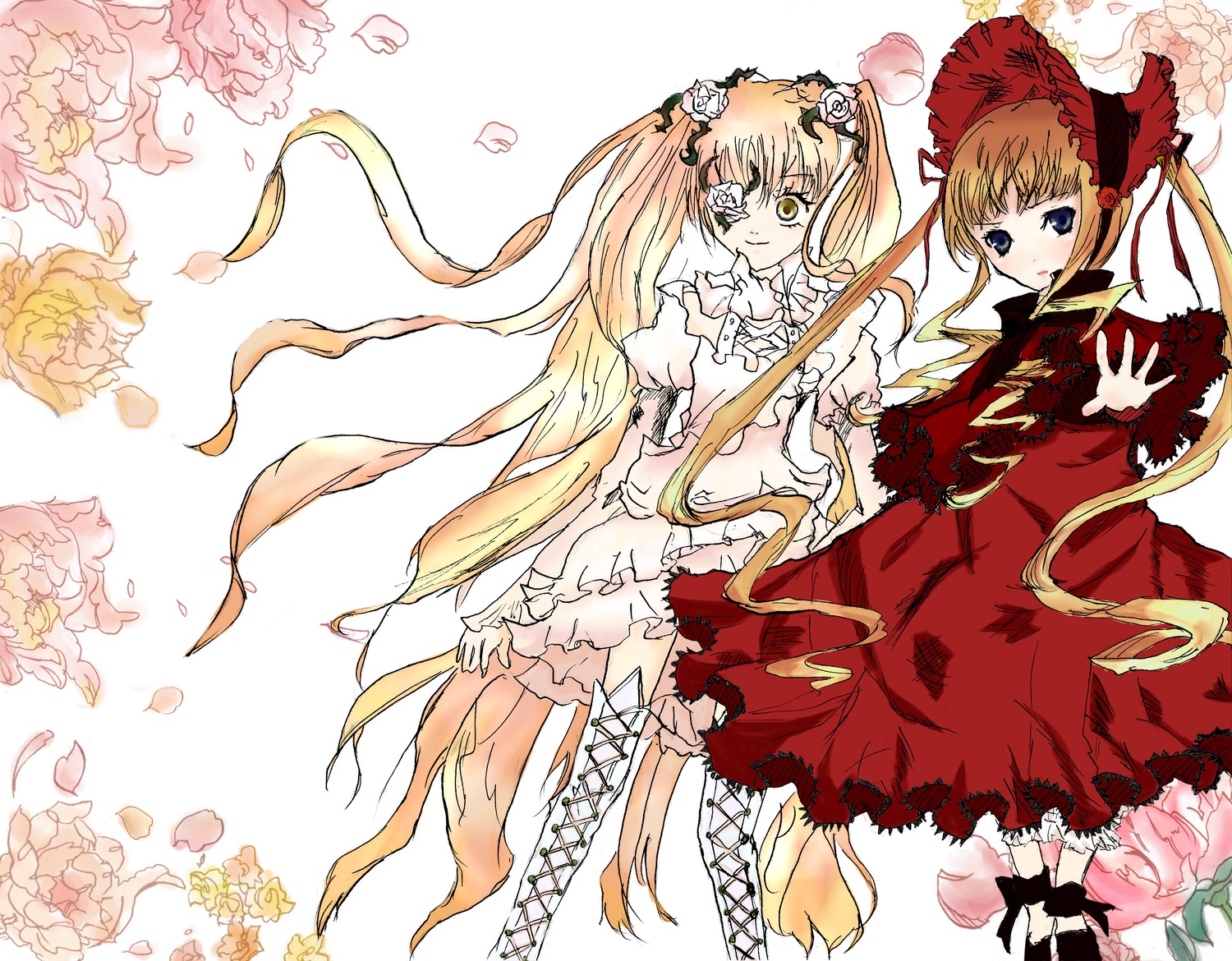 2girls 3girls blonde_hair blue_eyes bonnet boots cross-laced_footwear dress flower image kirakishou long_hair multiple_girls pair red_dress rose shinku twintails very_long_hair