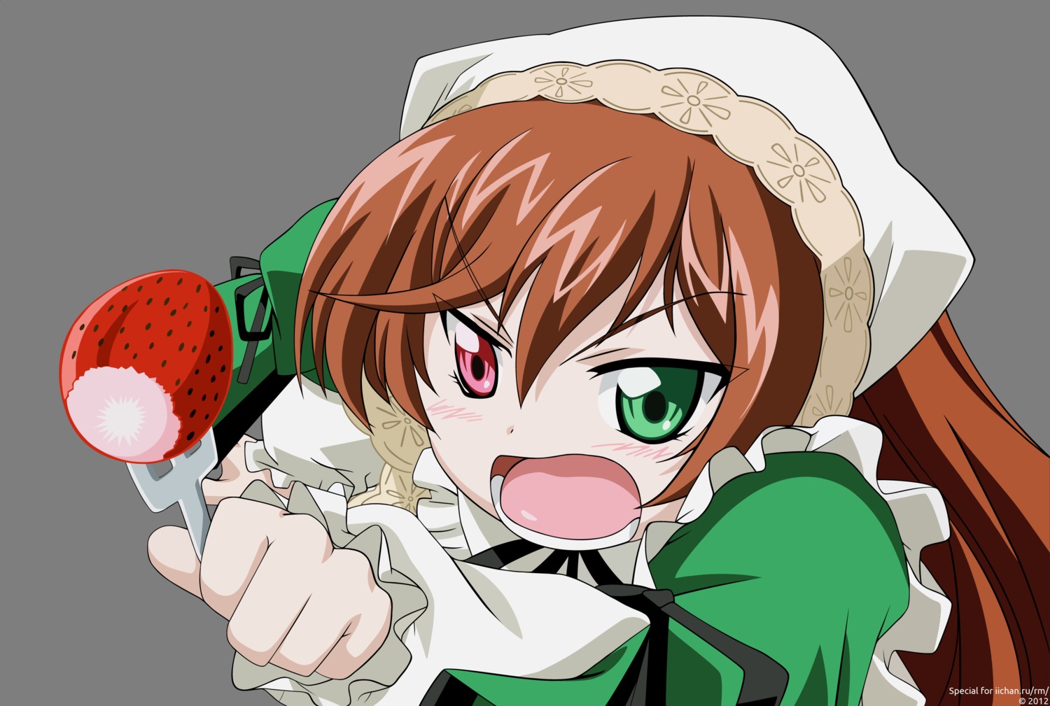 1girl auto_tagged brown_hair food fruit green_eyes heterochromia image long_hair long_sleeves open_mouth simple_background solo strawberry striped suiseiseki