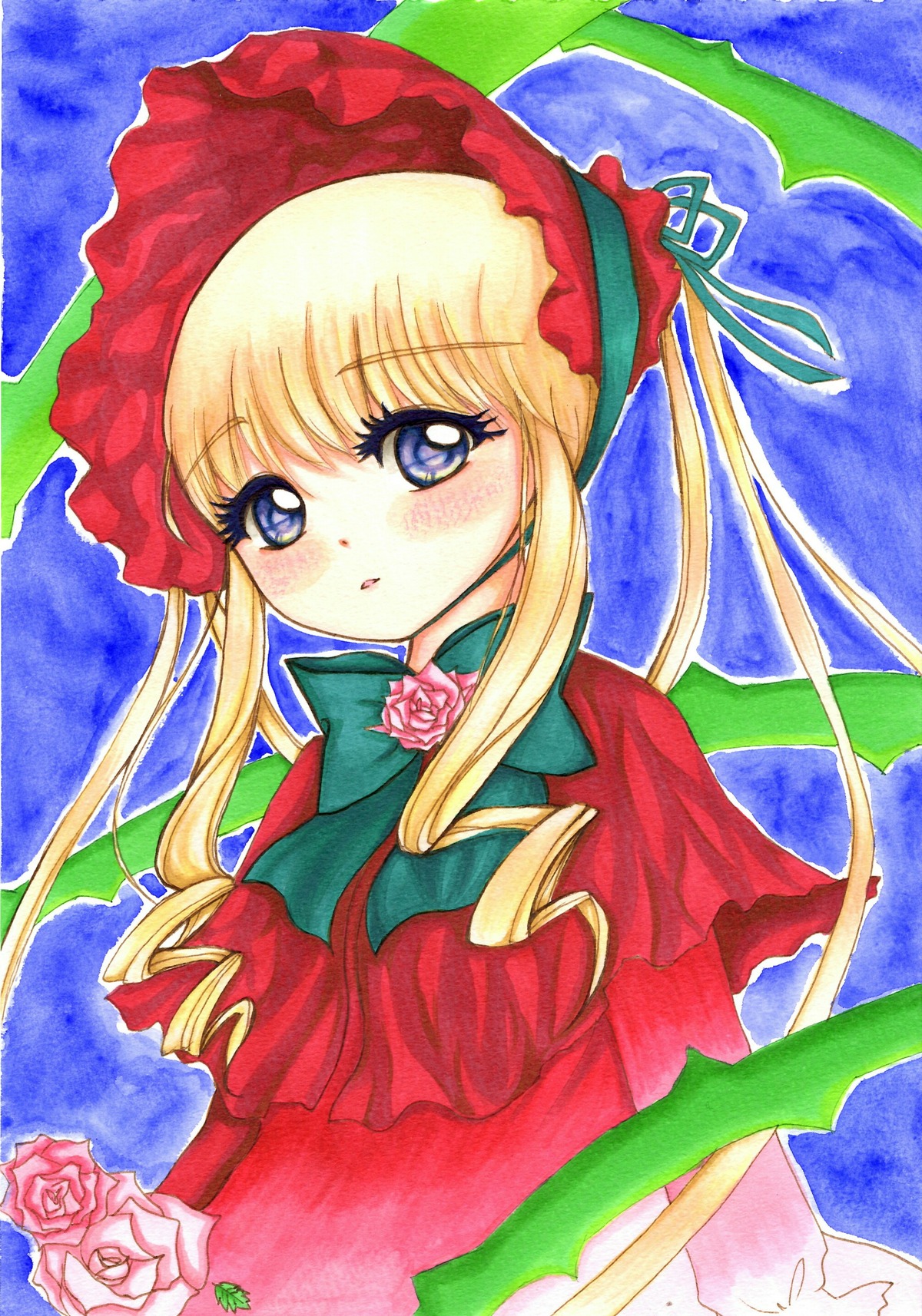 1girl blonde_hair blue_background blue_eyes blush bonnet bow bowtie dress drill_hair flower green_bow green_neckwear image long_hair long_sleeves looking_at_viewer marker_(medium) millipen_(medium) pink_flower pink_rose red_capelet red_dress red_flower red_rose rose shinku sidelocks solo traditional_media twin_drills twintails upper_body