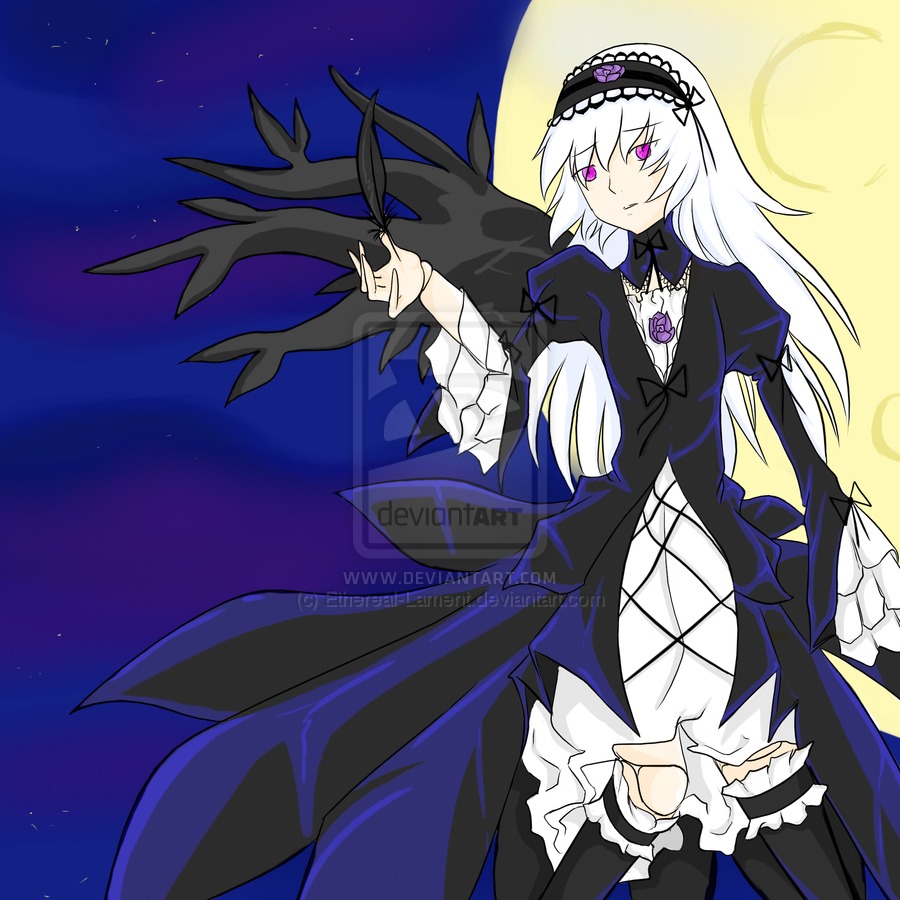 1girl black_dress black_legwear black_wings dress flower frilled_sleeves frills hairband image long_hair long_sleeves moon pink_eyes puffy_sleeves silver_hair solo suigintou thighhighs wings