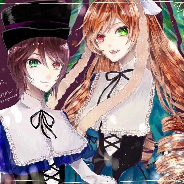 2girls brown_hair dress drill_hair frills green_eyes hat heterochromia image long_hair long_sleeves multiple_girls open_mouth pair red_eyes ribbon short_hair siblings sisters smile souseiseki suiseiseki top_hat twins