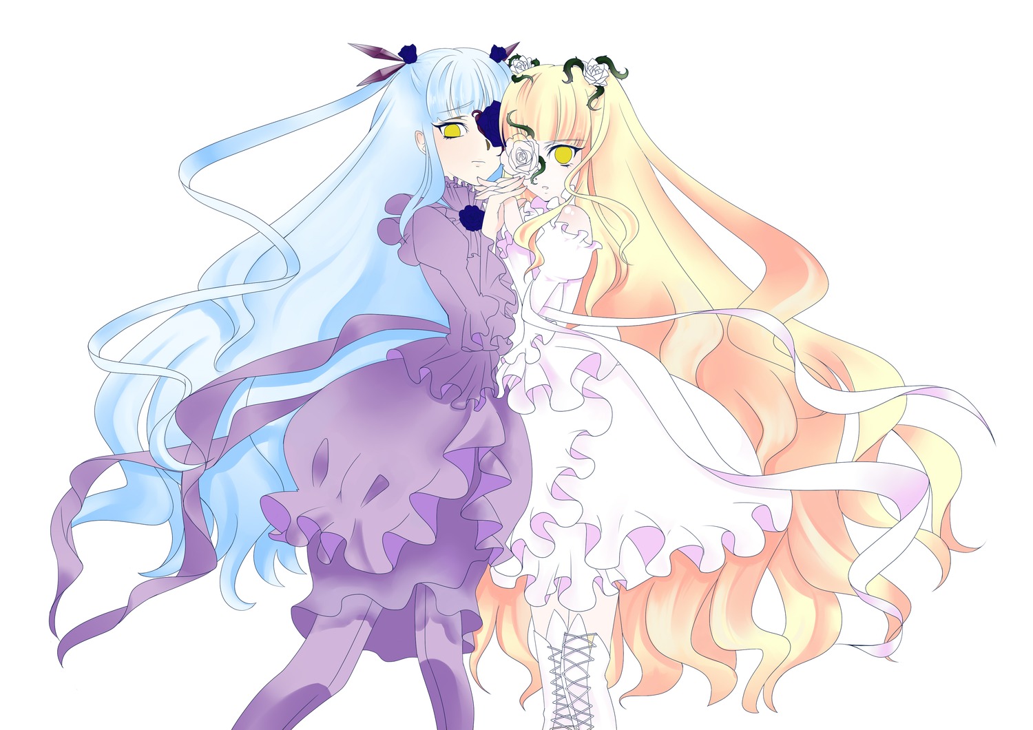 2girls barasuishou blonde_hair blue_hair boots dress frills image kirakishou long_hair multiple_girls pair striped vertical_stripes very_long_hair white_dress yellow_eyes