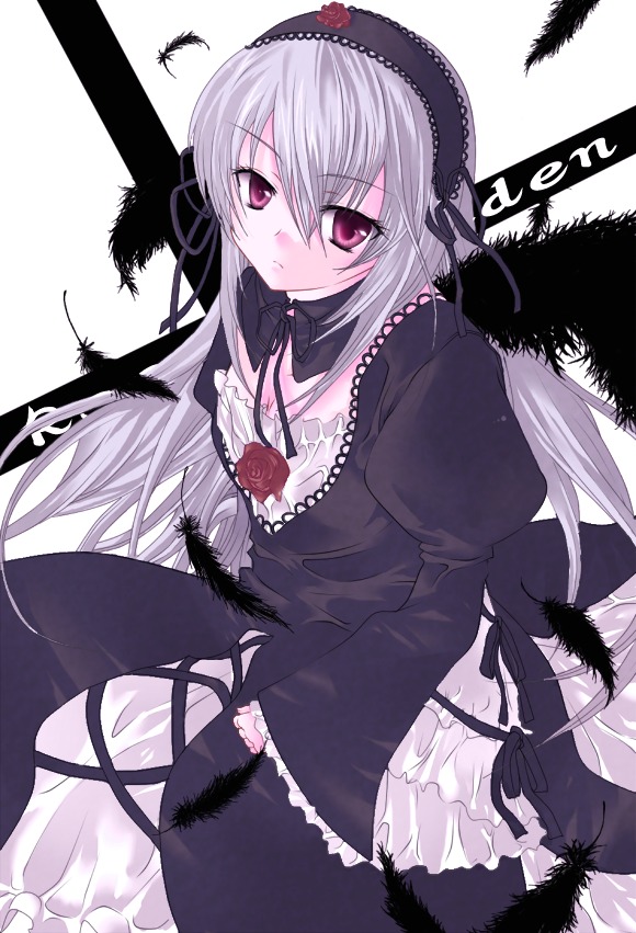 1girl bird black_feathers black_wings dress feathers flower frills hairband image long_hair long_sleeves looking_at_viewer pink_eyes rose silver_hair solo suigintou wings