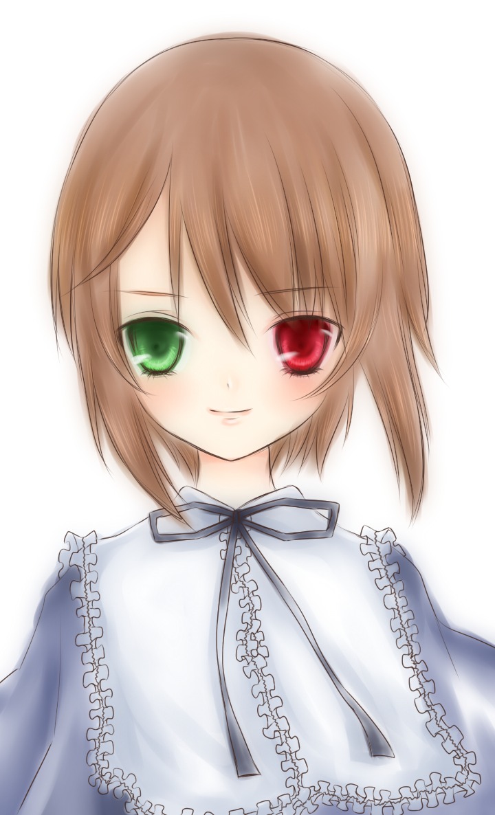 1girl blush brown_hair dress frills green_eyes heterochromia image long_sleeves looking_at_viewer looking_back red_eyes ribbon short_hair simple_background smile solo souseiseki striped upper_body vertical_stripes white_background