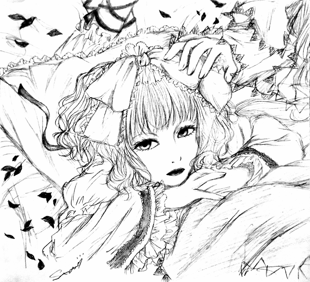 1girl bug butterfly feathers frills greyscale hinaichigo image insect looking_at_viewer lying monochrome no_headwear petals ribbon short_hair smile solo wings