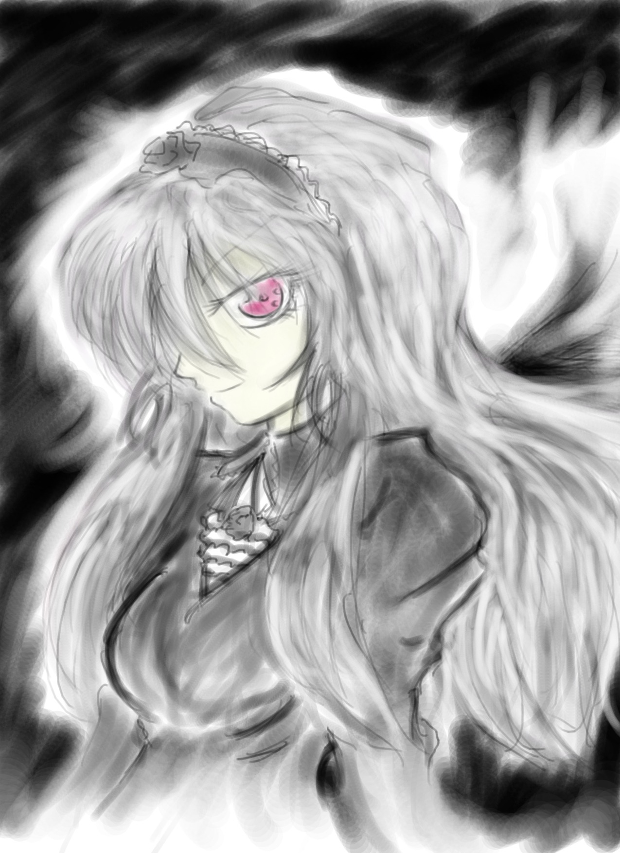 1girl dress frills image long_hair long_sleeves looking_at_viewer monochrome pink_eyes profile smile solo spot_color suigintou traditional_media upper_body