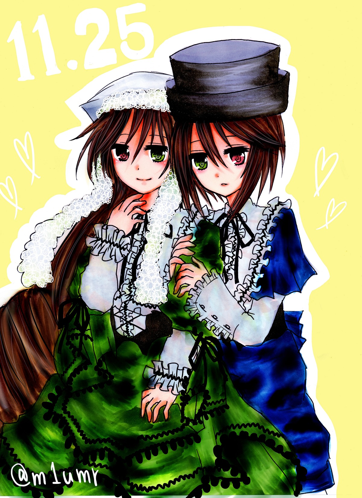 2girls brown_hair dress frills green_dress green_eyes hat head_scarf heart heterochromia holding_hands image long_hair long_sleeves looking_at_viewer multiple_girls pair red_eyes short_hair siblings sisters souseiseki suiseiseki top_hat twins very_long_hair yellow_background