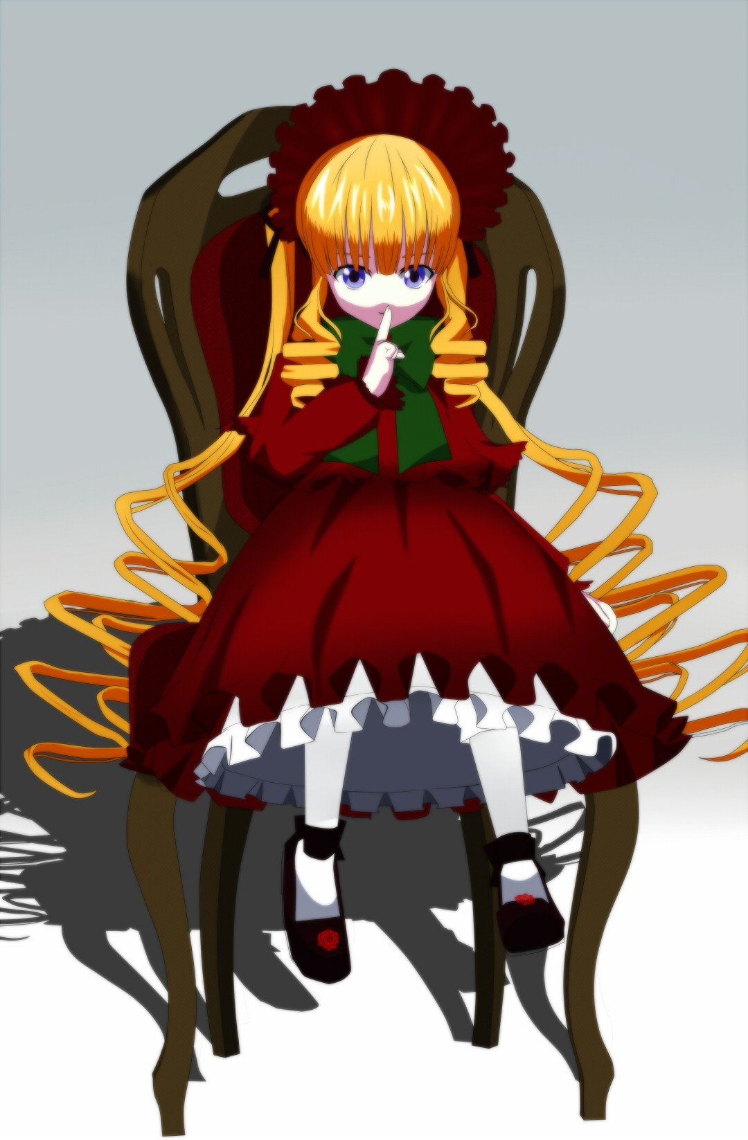 1girl blonde_hair blue_eyes bonnet bow chair dress drill_hair flower full_body image long_hair long_sleeves looking_at_viewer red_dress rose shadow shinku shoes sitting solo twintails