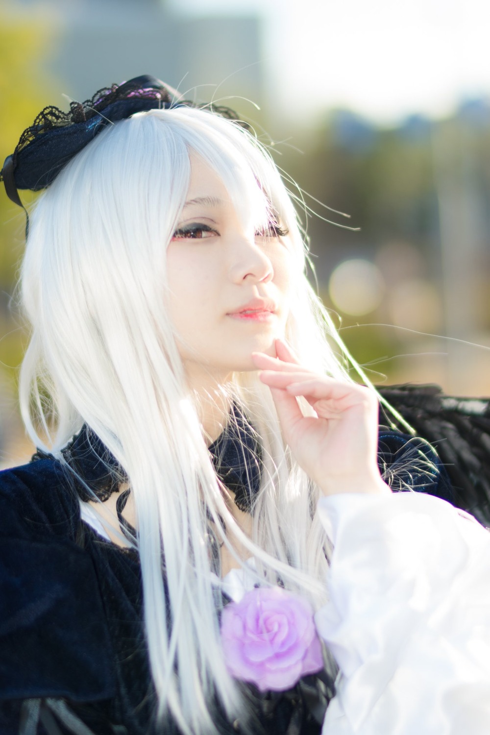 1girl bangs blurry blurry_background choker closed_mouth depth_of_field flower lips long_hair nail_polish purple_rose rose solo suigintou white_hair