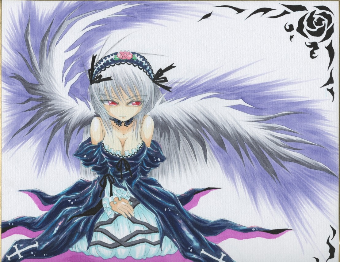 1girl bare_shoulders breasts cleavage dress flower frills hairband image long_hair long_sleeves looking_at_viewer marker_(medium) red_eyes rose silver_hair solo suigintou traditional_media wings