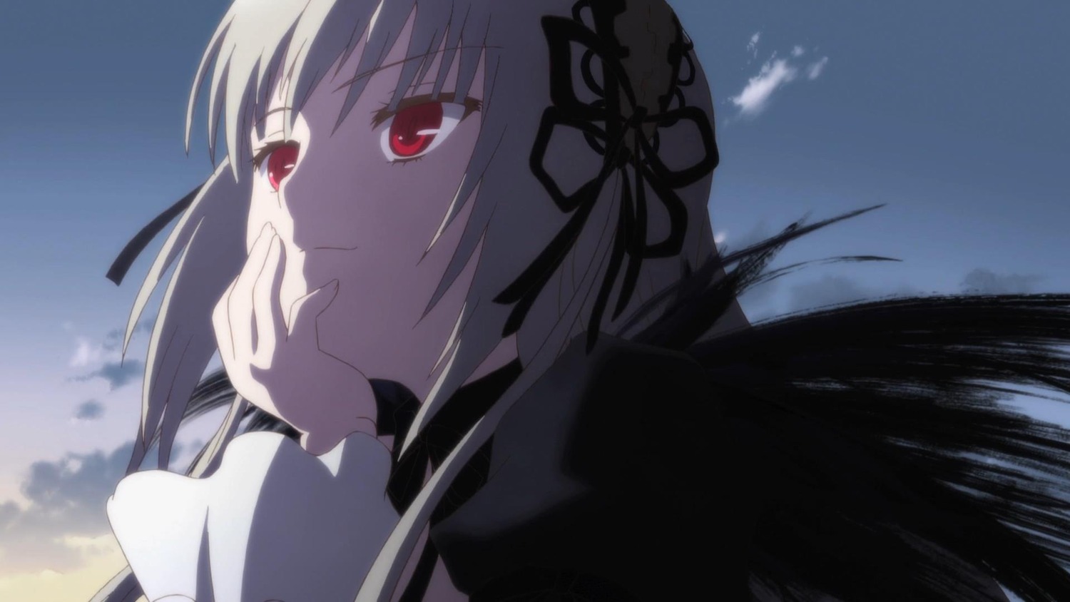1girl auto_tagged bangs black_dress black_ribbon closed_mouth cloud day frills hairband image long_hair long_sleeves looking_at_viewer outdoors red_eyes ribbon sky smile solo suigintou