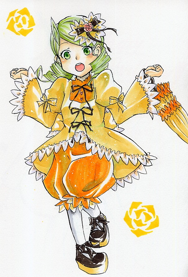 1girl bow dress flower frills full_body green_eyes green_hair hair_ornament hat image kanaria long_sleeves open_mouth orange_dress puffy_sleeves ribbon short_hair solo traditional_media white_legwear