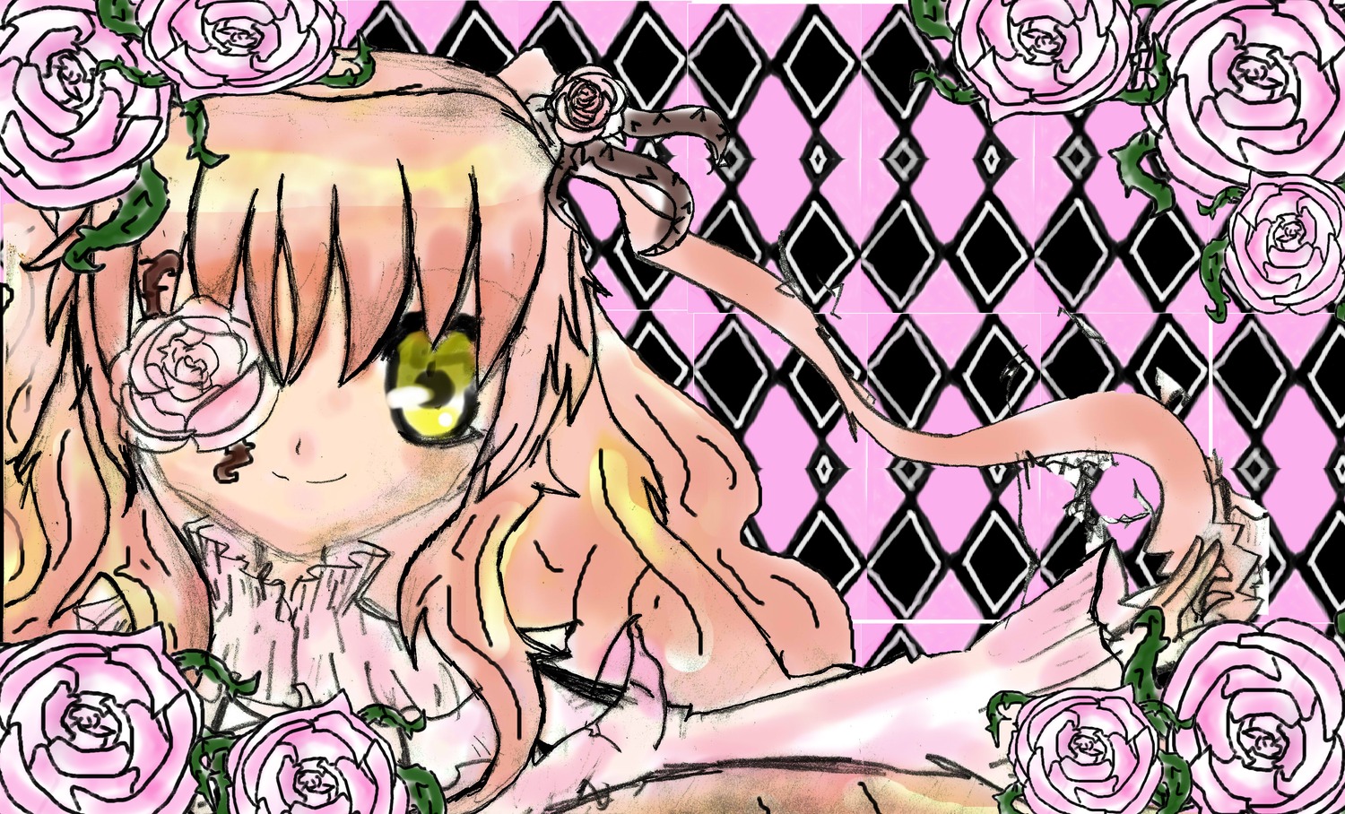 1girl blonde_hair blue_rose eyepatch flower green_eyes green_flower image kirakishou long_hair orange_flower pink_flower pink_rose purple_flower purple_rose red_flower red_rose rose rose_petals smile solo thorns vines white_rose yellow_flower yellow_rose