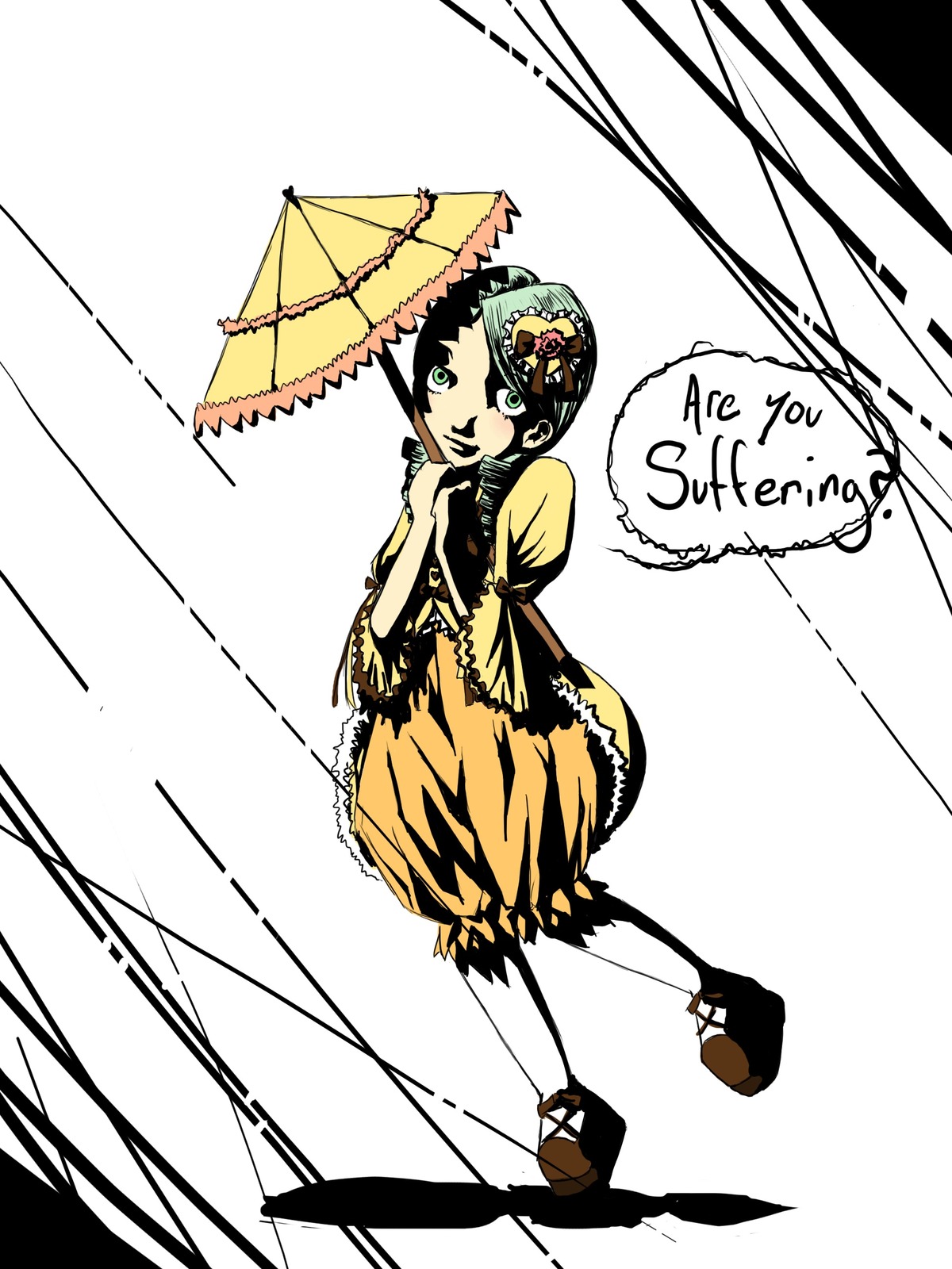 1girl black_umbrella dress full_body green_eyes green_hair hair_ornament holding_umbrella image kanaria looking_at_viewer parasol smile solo standing umbrella