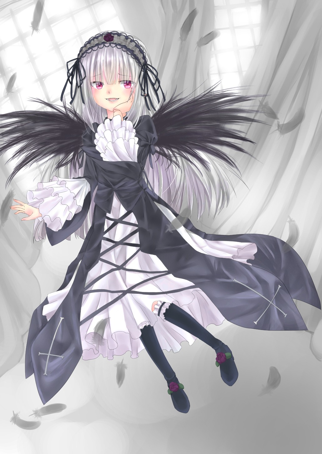 1girl black_dress black_feathers black_wings dress feathered_wings feathers flower frills hairband image long_hair long_sleeves looking_at_viewer open_mouth pink_eyes ribbon rose silver_hair smile solo suigintou wings