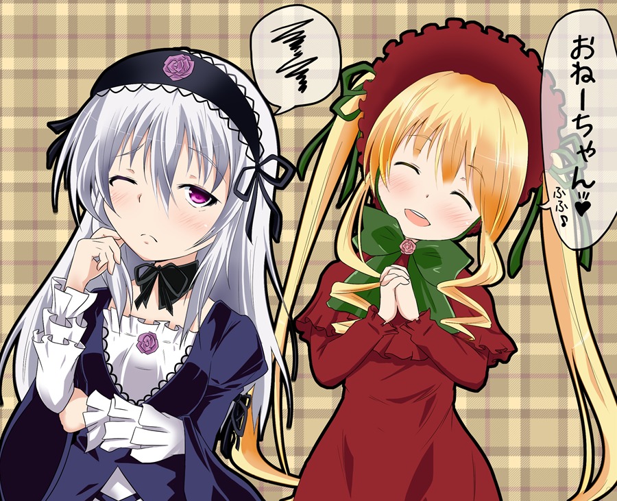 2girls blonde_hair blush bonnet closed_eyes dress flower hairband image long_hair long_sleeves multiple_girls one_eye_closed open_mouth pair pink_eyes plaid plaid_background rose shinku silver_hair speech_bubble suigintou twintails