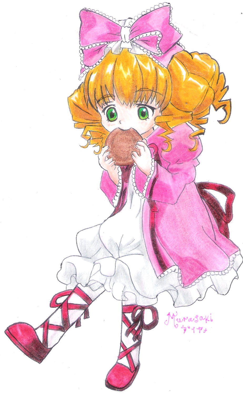 1girl blonde_hair bow dress drill_hair eating food frills full_body green_eyes hair_bow hina_ichigo hinaichigo image long_sleeves pink_bow pink_dress pink_footwear solo white_background white_legwear