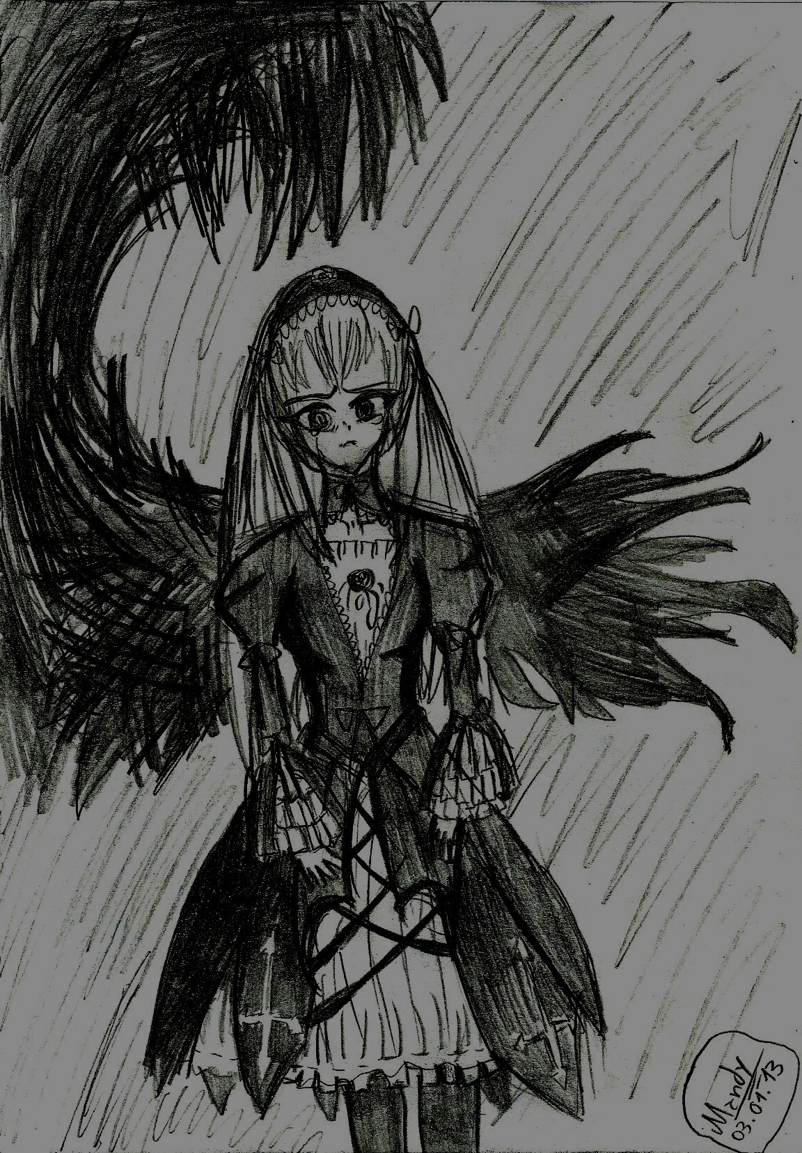 1girl auto_tagged black_wings dress feathered_wings greyscale hairband image long_hair long_sleeves looking_at_viewer monochrome solo standing suigintou traditional_media wings