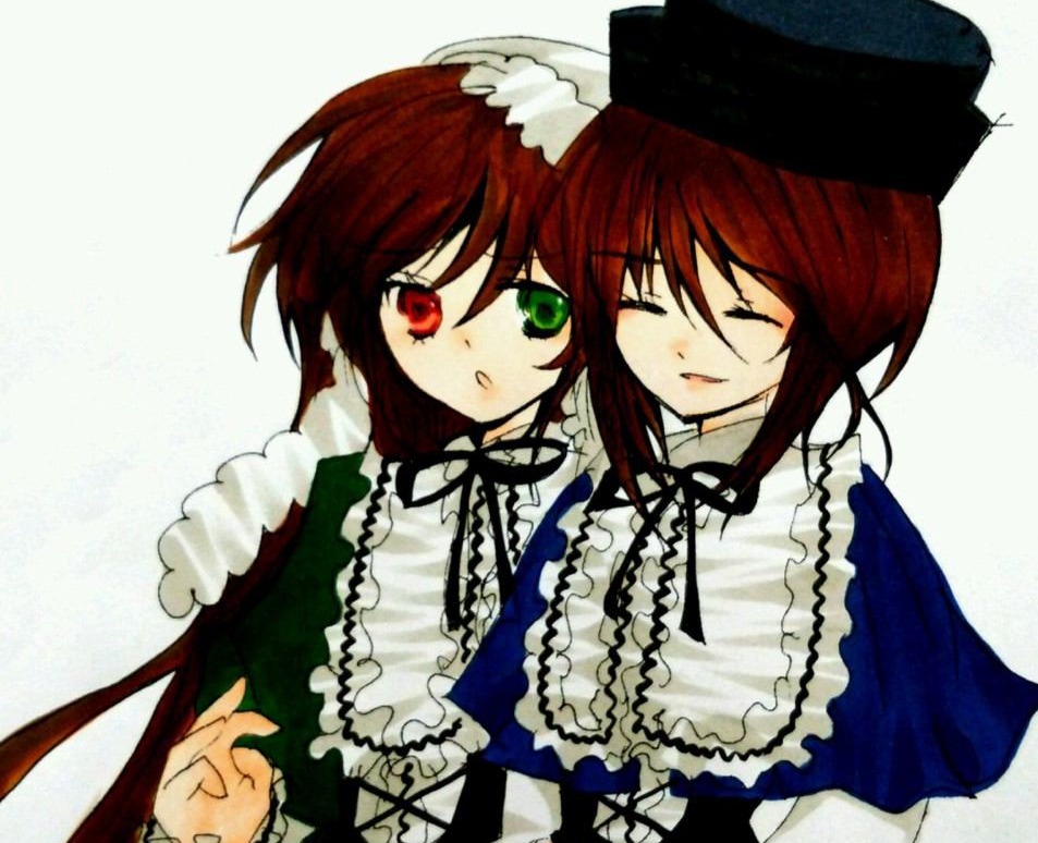 2girls brown_hair closed_eyes dress frills green_eyes hat heterochromia image long_hair long_sleeves looking_at_viewer multiple_girls pair red_eyes short_hair siblings simple_background sisters smile souseiseki suiseiseki twins upper_body