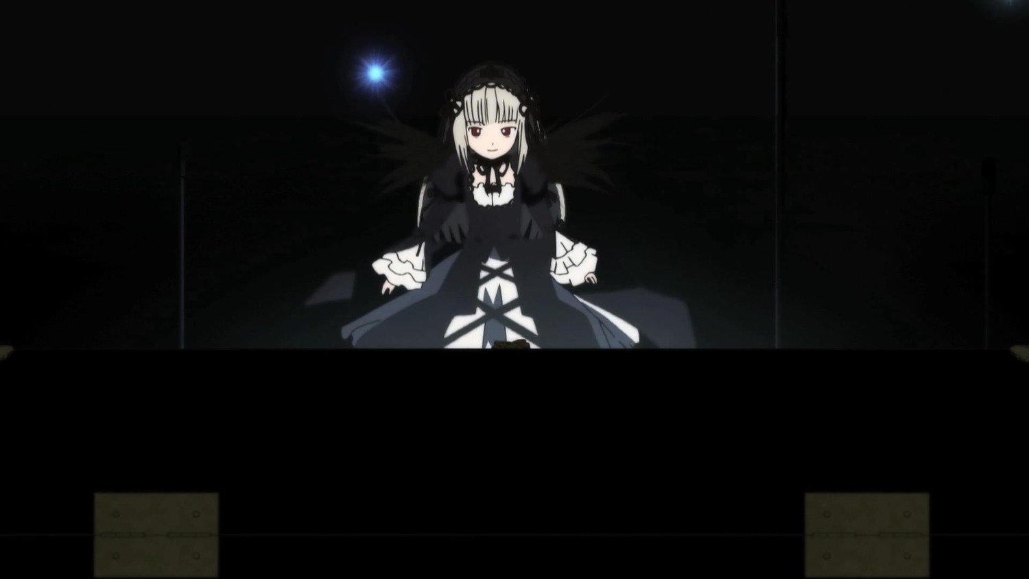 1girl black_background black_dress dress flower frills gothic_lolita hairband image lolita_fashion lolita_hairband long_sleeves looking_at_viewer red_eyes ribbon rose silver_hair solo suigintou