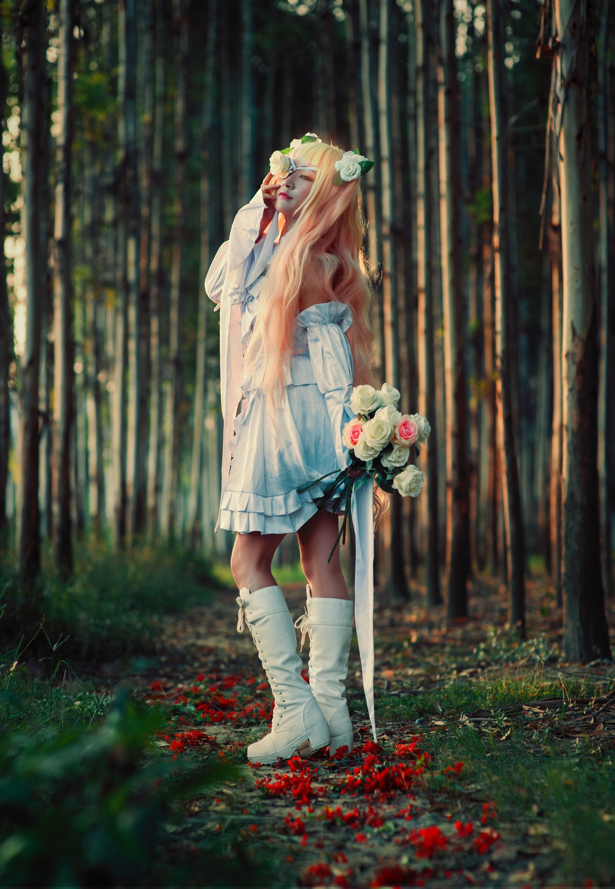 1girl animal_ears boots dress flower forest full_body hair_ornament holding kirakishou leaf long_hair long_sleeves nature outdoors solo standing tail white_dress white_footwear