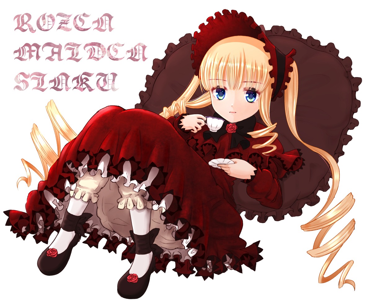 1girl blonde_hair bloomers blue_eyes bonnet bow dress drill_hair flower frills full_body image long_hair long_sleeves looking_at_viewer red_dress rose shinku shoes sitting solo twin_drills underwear